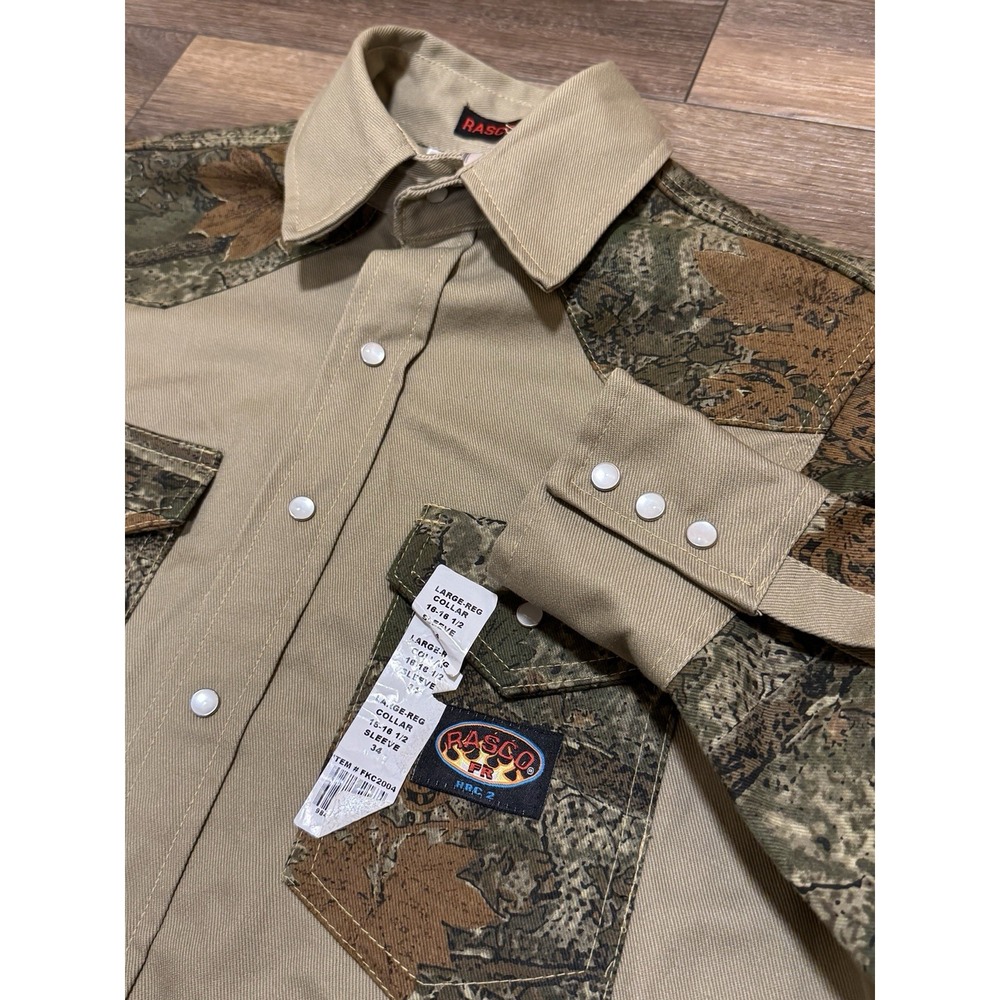 RASCO FR‎ Men Khaki Camo Canvas FLAME RESISTANT Pearl Snap Work Shirt 16-16.5 34